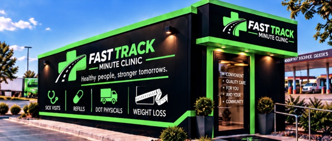 Fast Track Minute Clinic building with black walls and green trim