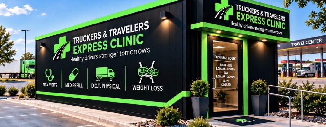 Truckers & Travelers Express Clinic building with black walls and green trim